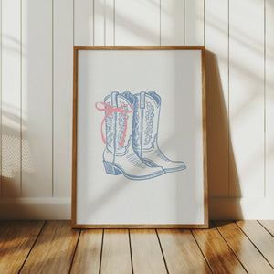 blue and pink cowgirl boots with coquette bow printable wall art