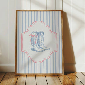 pink and blue coquette cowgirl boot print on a light blue striped background