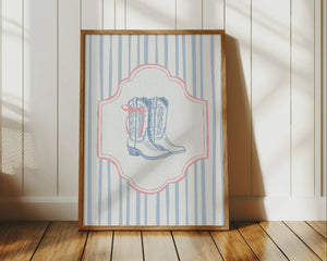 pink and blue coquette cowgirl boot print on a light blue striped background