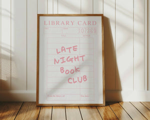 late night book club quote on library card print in light pink