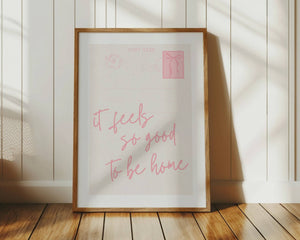 it feels so good to be home on vertical postcard print with pink coquette bow postal stamp
