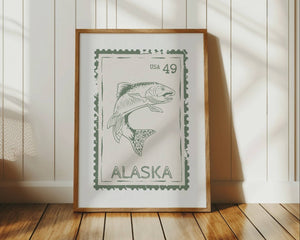 alaska salmon poster in green on a state stamp print vertical orientation wall art for rustic fishing cabin decor
