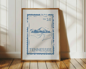tennessee state stamp print in blue with smoky mountains scene vertical orientation wall art