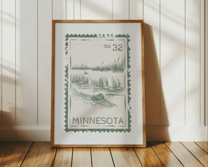 Minnesota state stamp print with loon on lake in green vertical orientation wall art for lake house decor
