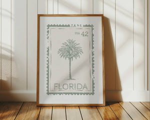 sage green retro florida state stamp poster with palm tree