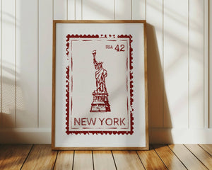 New York Wall Art State Stamp Poster in Red with Statue Of Liberty