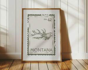 Montana Poster State Stamp Wall Art in green with bugling elk