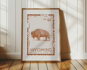 Wyoming Wall Art State Stamp Poster in Burnt Orange with Buffalo
