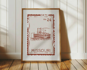 Deep burnt red missouri state stamp print with steamboat on river