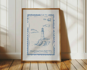 light blue massachusetts state stamp print with lighthouse on coast
