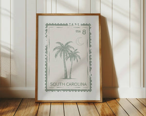 South carolina state stamp poster with palmetto and crescent moon in sage green