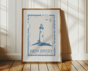 New Jersey state stamp print with coastal blue lighthouse vertical orientation travel wall art