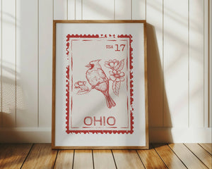 ohio state stamp print in red with cardinal vertical orientation travel wall art