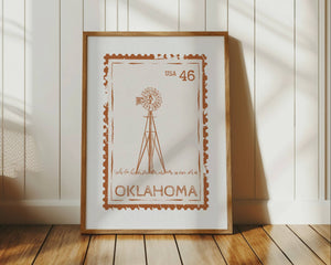 Oklahoma state stamp print with windmill vertical orientation travel wall art