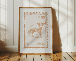 Wisconsin state stamp print with dusty orange dairy cow vertical orientation travel wall art