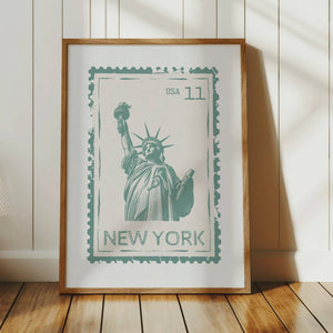New York postal stamp wall art vertical orientation with statue of liberty in teal green
