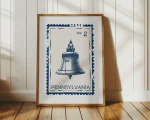 pennsylvania state stamp wall art with liberty bell in navy blue vertical orientation print