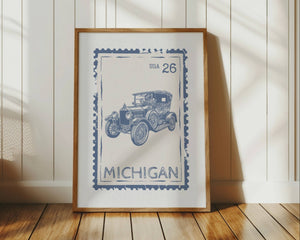 Michigan state stamp print in vertical orientation blue gray color with old ford truck model A or model T