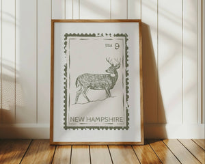 New Hampshire state stamp print in vertical orientation forest green color with whitetail deer