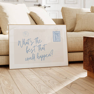 what's the best that could happen in light blue script front on horizontal postcard print with blue coquette bow stamp