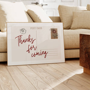 thanks for coming quote on horizontal postcard print with vintage floral stamp