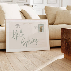 hello spring print on horizontal postcard poster with vintage bunny stamp in beige and sage green