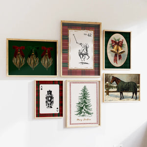 set of 6 ralph lauren inspired christmas prints with plaid in dark red and green, velvet bows, a horse wearing a plaid green blanket, a nutcracker on an ace playing card, a polo player on a postal stamp