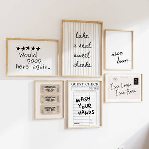 set of 6 funny bathroom wall art in black and white, with i see london i see france, take a seat sweet cheeks, would poop here again quotes