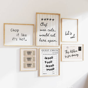 set of 6 funny kitchen wall art in black and white, with chef was cute would eat here again, this kitchen is for dancing, let's eat, good food good mood quotes