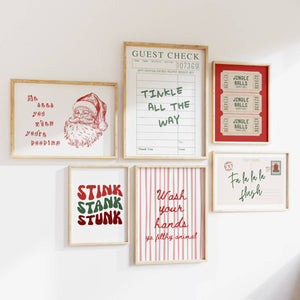 Set of 6 funny christmas bathroom prints in red and green with postcard print, trendy ticket poster, guest check, retro stripe print, quotes like "he sees you when you're pooping" "stink stank stunk" in groovy font, "tinkle all the way", "wash your hands ya filthy animal" "jingle balls" and "fa la la la flush"