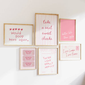 set of 6 funny girls bathroom wall art in pink and white, with i see london i see france, take a seat sweet cheeks, would poop here again, better late than ugly, you're like really pretty quotes