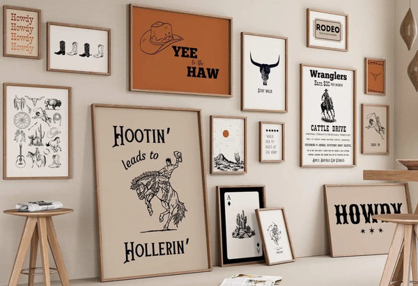 Set of 15 printable Western wall art prints in beige, black, white, and burnt orange. Cowboy decor with vintage desert landscapes, rodeo scenes, and rustic typography.