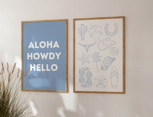 aloha howdy hello set of 2 coastal cowgirl prints in blue