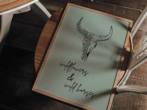 detail view wildflowers and wild horses sage green poster