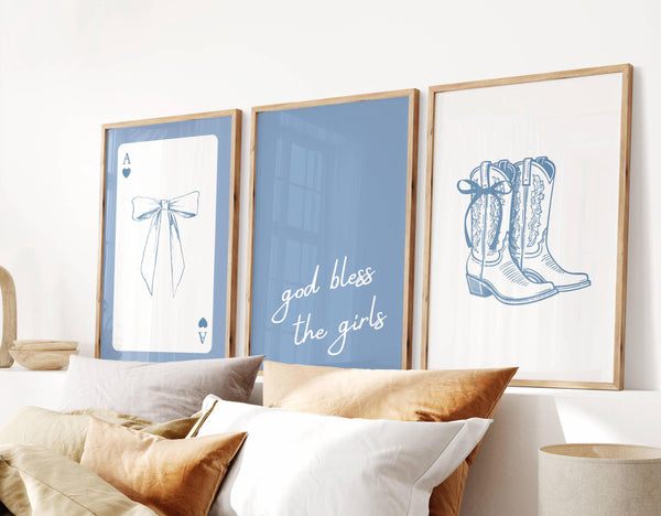 God bless the girls quote set of 3 blue coquette cowgirl prints 