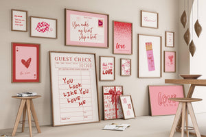 valentine's wall art set of 15 prints in red and pink