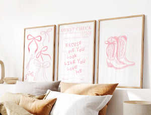 excuse me you look like you love me poster, coquette bows, cowgirl boots with bow, set of 3 wall art in pink