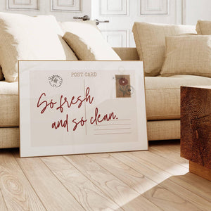 horizontal postcard print with so fresh and so clean quote in script typography with vintage floral stamp