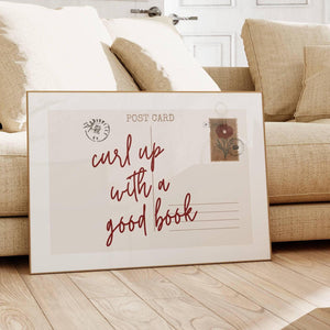 curl up with a good book quote on horizontal postcard print with vintage floral stamp