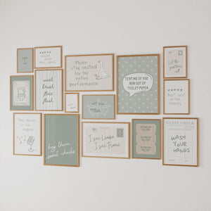 set of 15 sage green bathroom wall art. hand drawn style font with retro stripe, trendy ticket poster, retro guest check print, horizontal postcard print. "I see London I See France," "hey there sweet cheeks," "nice bum" quote and more