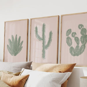 Set of 3 abstract cactus prints on a dusty pink background and sage green cacti, hand drawn poster for southwestern decor
