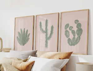 Set of 3 abstract cactus prints on a dusty pink background and sage green cacti, hand drawn poster for southwestern decor