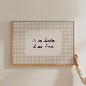 I See London I See France Print, Hand Drawn Gingham Poster for Funny Bathroom Wall Art, Digital Download