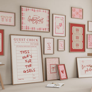 set of 15 galentines wall art in pink and red with retro guest checks, postcard prints, ticket print, hand drawn font, gingham and more