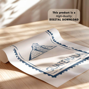 Guatemala Stamp Print, Retro Travel Wall Art, Mayan Ruins Poster for Gallery Wall Decor, Digital Download