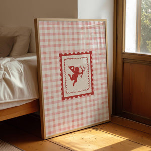 red cupid on a vintage postage stamp on a retro pink gingham checker background, vertical orientation valentines print