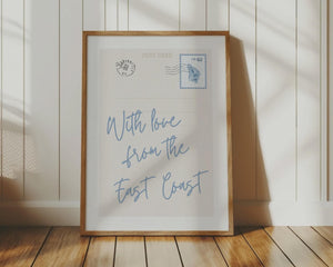 East Coast Postcard Print, Blue Coastal Wall Art, Retro Nautical Poster for Beach House Decor, Digital Download