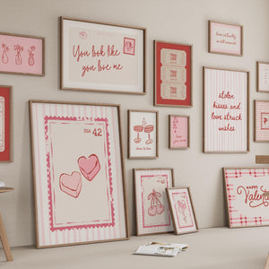 Retro valentines wall art set of 15 prints in vertical and horizontal, red, pink, white with heart stamp prints, ticket prints, postcard prints and stripes