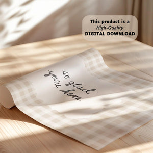 So Glad You're Here Print, Quote Wall Art, Hand Drawn Gingham Poster for Entryway Decor, Digital Download