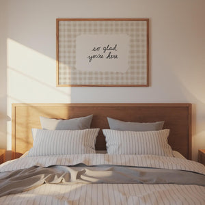 So Glad You're Here Print, Quote Wall Art, Hand Drawn Gingham Poster for Entryway Decor, Digital Download